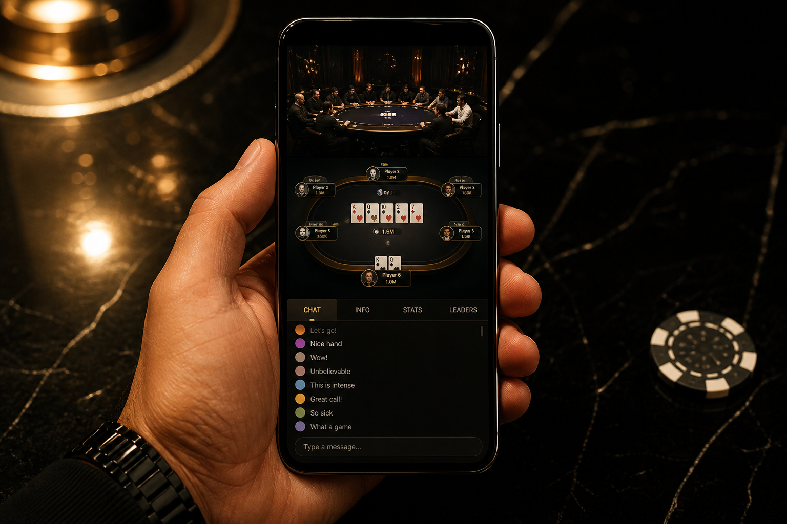 Smartphone showing a dark poker broadcast interface with gold accents