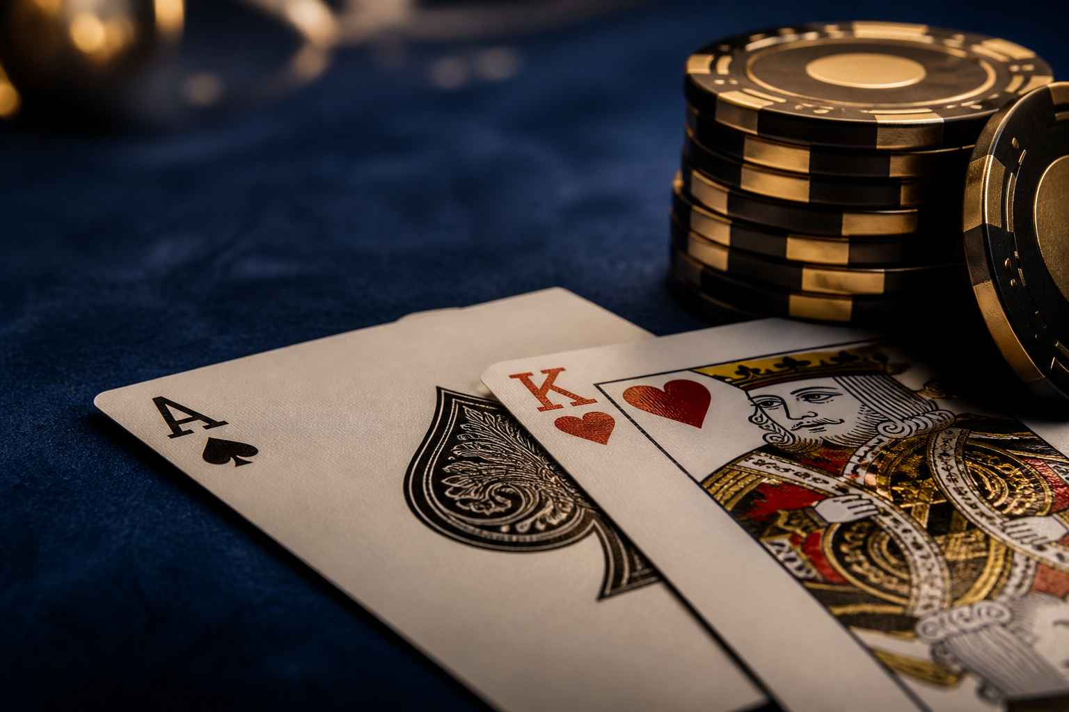 Ace of spades and King of hearts on dark felt with gold-black poker chips
